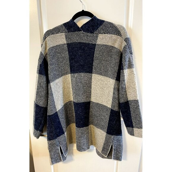 Racheal Buffalo Check Blue/Gray Open Cardigan Knit Sweater S/M Pockets long soft - Picture 2 of 5